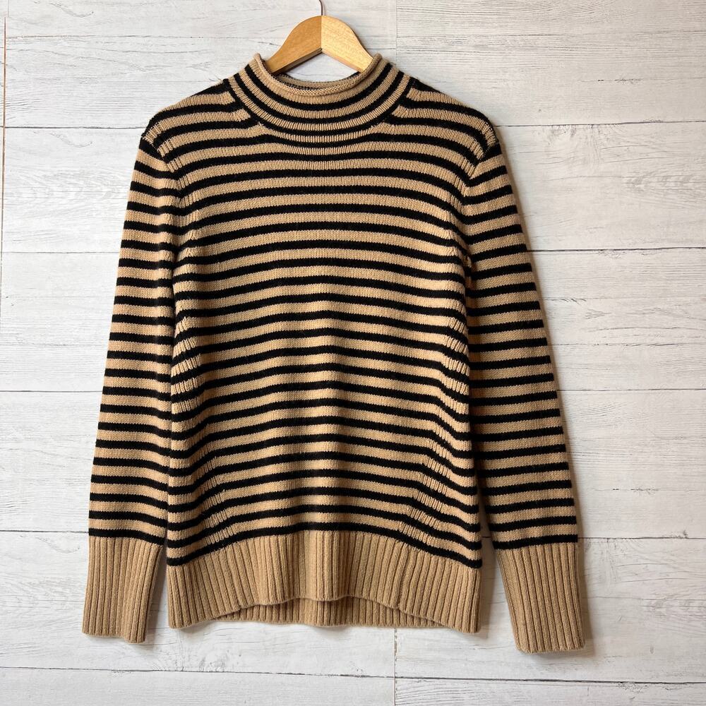 J Crew Sweater Womens Size Small Tan & Black Stripe Mock Neck Wool Cashmere